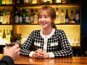 酒瓶の棚を背景にした薄暗いバーで、金ボタンの付いた白黒チェックのカーディガンを着て、...。