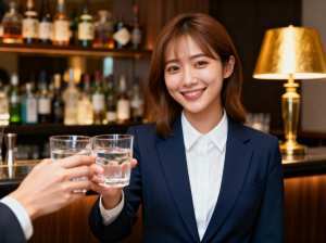 バーカウンターの前で水の入ったグラスを 2 杯持つウェイトレスを正面カメラのアングル...。