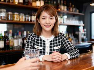 バーに座り、フレンドリーな表情でカメラに微笑む若いアジア人女性の写実的なポートレート。