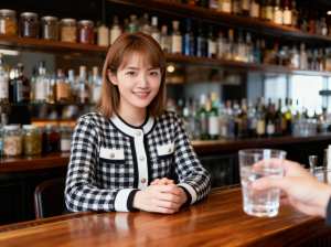 バーに座って水の入ったグラスを前に持つ若い女性を正面から写実的に撮影した写真。