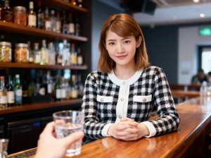 バーに座ってグラス一杯の水を前に自信に満ちた笑顔を浮かべている若い女性を正面カメラの...。