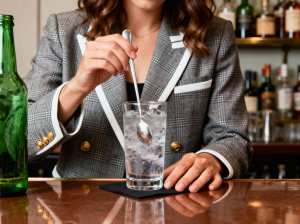 バーに座っているバーテンダーの正面からのクローズアップショット。