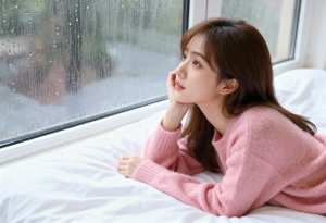 ピンクのセーターを着た長い茶色の髪の若い女性が、外の雨滴が見える曇りガラスの窓の前の...。