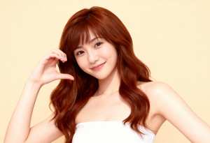 ウェーブのかかった赤茶色の長い髪と白い肌を持つ若い女性が、無地の明るいベージュの背景...。