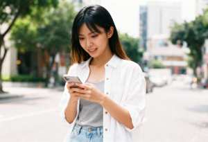 都会の通りに立って、驚いた表情で携帯電話を見ているアジア系の若い女性。