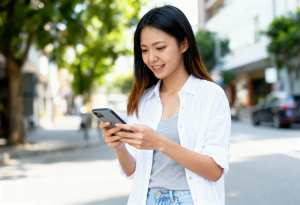 街の通りに立って、笑顔で携帯電話を見ているアジア系の若い女性。