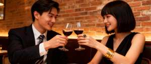 薄暗いレストランのテーブルに座り、赤ワイングラスで乾杯する男女のロマンチックなシーン。