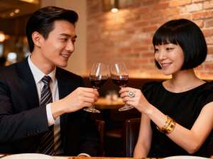 レストランでワイングラスで乾杯する男性と女性のロマンチックな瞬間。