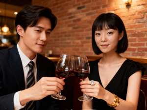 レストランでワイングラスで乾杯するカップルを正面から写実的に撮影した写真。