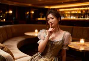 キャンドルを背景に薄暗いバーに座っている若い女性を正面から写実的に撮影した写真。