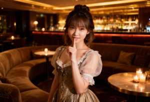 薄暗いレストランの環境で、唇に指をあててポーズをとる若い女性を正面カメラのアングルか...。