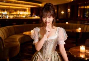 薄暗いレストランの環境で、口元に指を当ててポーズをとる若い女性を正面カメラのアングル...。