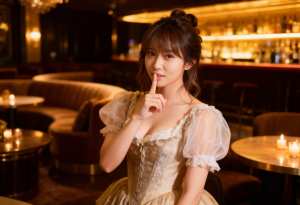 薄暗いバーの中で、唇の近くに指を立ててポーズをとる若い女性を、ポートレート カメラ ...。