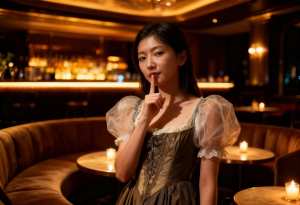 キャンドルを背景にした薄暗いレストランで、茶色のコルセットと茶色のドレスを着た長い黒...。