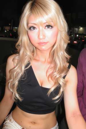 ウェーブのかかったブロンドの長い髪を持ち、黒のクロップトップと白のパンツを履いた若い...。