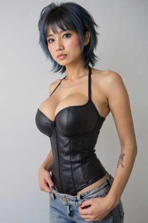 無地のグレーの背景のスタジオ設定で、黒い革のコルセットとジーンズを着て自信を持ってポ...。