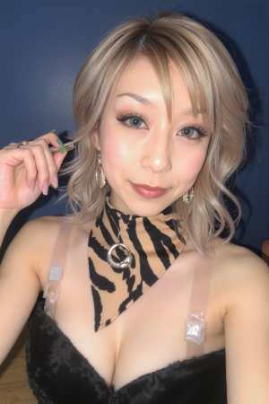 ゼブラ柄のスカーフを首に巻き、黒いストラップレスのドレスを着た、遊び心のある表情をし...。