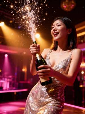 輝くスパンコールのドレスを着た女性がシャンパンのボトルを持ち、空中で輝きながら祝って...。