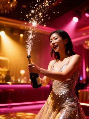 薄暗いナイトクラブの環境で、輝くスパンコールのドレスを着た女性がシャンパンのボトルを...。