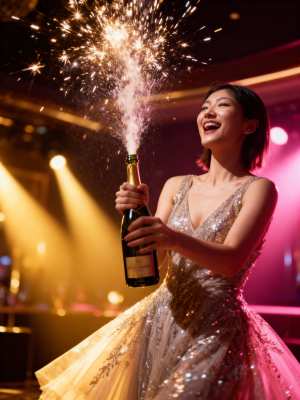 輝くドレスを着た女性がシャンパンのボトルを持ち、線香花火を上げて祝う様子を正面カメラ...。