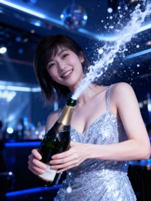 輝くシルバーのドレスを着た女性がシャンパンのボトルを持ち、お祝いの雰囲気を漂わせるフ...。