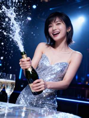 輝く銀色のドレスを着た若い女性がシャンパンのボトルを持ち、お祝いの雰囲気を漂わせる、...。