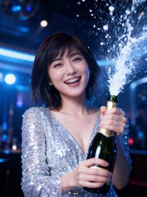 シルバーのスパンコールのドレスを着た若い女性がシャンパンのボトルを持ち、お祝いの雰囲...。