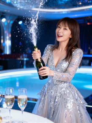 輝くシルバーのドレスを着た女性がシャンパンのボトルを持ち、お祝いの雰囲気で祝っている...。