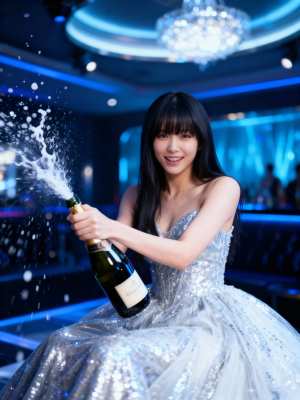 お祝いの雰囲気を背景に、輝く銀色のドレスを着た若い女性がシャンパンのボトルを持ってい...。