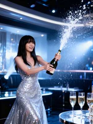 豪華なナイトクラブの雰囲気の中で、輝くシルバーのドレスを着た女性がグラスにシャンパン...。