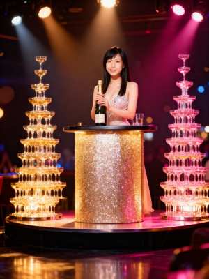 薄暗いナイトクラブの環境でスポットライトに照らされ、シャンパンのボトルとグラスを持っ...。