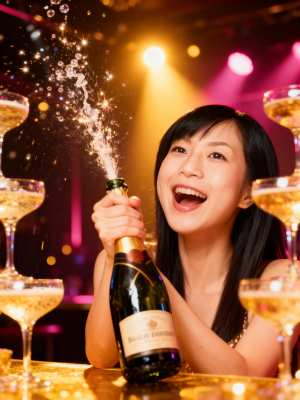 満面の笑みを浮かべながらシャンパンのボトルで祝う若い女性を正面カメラのアングルから写...。