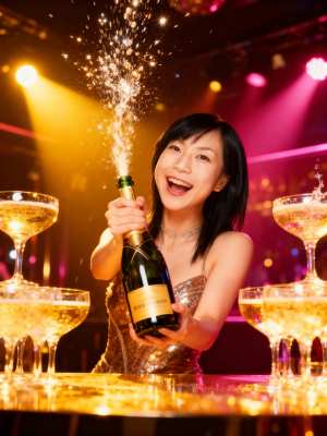 スパンコールのドレスを着た若い女性が、空中にきらめくシャンパンのボトルを持っている様...。