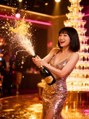 輝くスパンコールのドレスを着た女性がシャンパンのボトルを持ち、お祝いの雰囲気で祝って...。