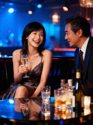 薄暗いバーでシャンパンを楽しむカップルを横から撮った、写実的なショット。