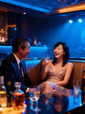 薄暗いバーでドリンクを楽しむ男女のロマンチックな瞬間を横から撮ったフォトリアルな撮影。