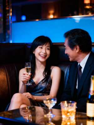 薄暗いレストランでシャンパンを楽しむカップルを横から撮影した写実的な写真。