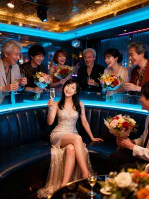 豪華なリムジンの中で花束を持ち、シャンパンを飲みながら特別な日を祝う人々のグループを...。