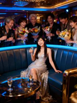 ブルーとゴールドの照明が照らされた豪華な部屋で、シャンパンと花で祝う人々の様子を横か...。