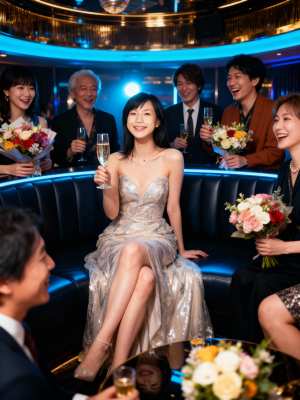 豪華なリムジンでシャンパンと花で祝う人々のグループを正面から写実的に撮影したもの。