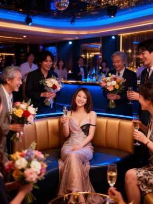 ブルーとゴールドの照明で彩られた豪華な部屋で、シャンパンで乾杯する人々を正面から写実...。