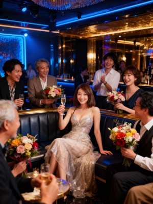 豪華なバーの環境でお祝いのイベントを楽しむ人々のグループを正面から写実的に撮影したもの。