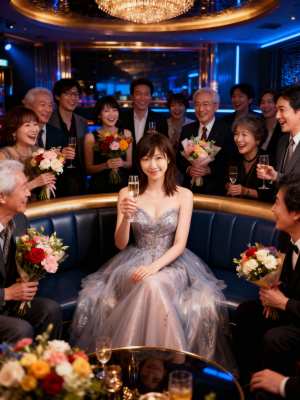 シャンパンと花束でフォーマルなイベントを祝う人々のグループを正面カメラのアングルから...。