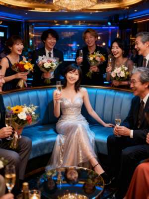 正装をした6人のゲストに囲まれ、青いベルベットのソファに座る花嫁が花束を持ち、シャン...。