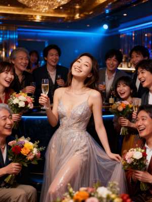 青い照明の豪華なバーで、輝くドレスを着た女性がシャンパンのグラスを持ち、笑いながら花...。