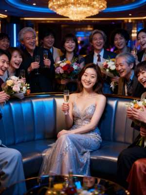 豪華な部屋でシャンパンと花で祝う人々の様子を正面から写実的に撮影したもので、銀のスパ...。