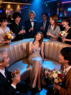 バーを背景にした薄暗い部屋で、きらめく銀のドレスを着た女性の周りに人々が集まり、豪華...。