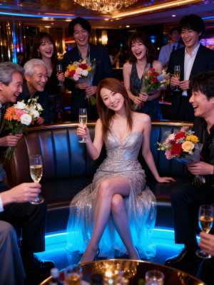 豪華なリムジンに乗り、正装をして花束を持って笑い合う人々のグループ。