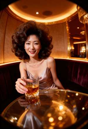 薄暗いレストランの雰囲気の中で、ウィスキーを飲みながらテーブルに座る女性を、少し斜め...。