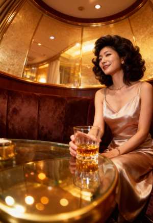 シルクのようなサテンのドレスを着て、ウィスキーを飲みながらテーブルに座る女性を横から...。